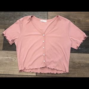Romwe Solid Button Up V-neck Ribbed Tee